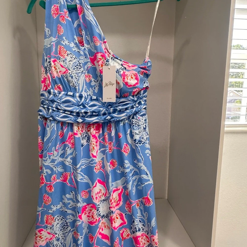 Lilly Pulitzer One-Shoulder Floral Sheath Dress in Turquoise and Pink - Picture 5 of 7